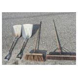 Aluminum Grain Scoop Shovels (2) & Push Brooms