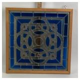 Framed Leaded Stained Glass Panel with Blue and Cl