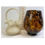 Blown Art Glass Abstract Cat Print Vase & Satin Po