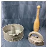 Cake Flour Pan, Sad Iron, Wood club