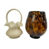 Blown Art Glass Abstract Cat Print Vase & Satin Po