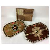 Inlaid Wood Serving Tray Set with Patterned Design