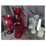 Decorative Red, Milk Glass, Clear Glass Vases