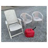 3 plastic lawn chairs, 5 gallon gas can
