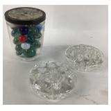 Glass Marbles in Jar, Two Glass Flower Frogs