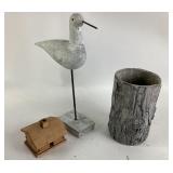 Painted Wood Bird, Log Vase, Small cabin box