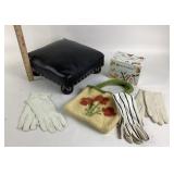 Leather Footstool, Gloves, wool Bag, Box