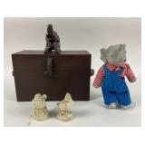 Wood Box, Elephant Figurine, Bird Figures, Doll