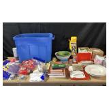 Plastic Storage Bin, Seed Packets, Tableware Lot