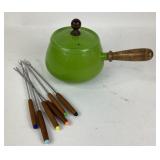 Green Enamel Fondue Pot With 6 Forks