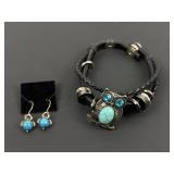 Silver Tone Turquoise Owl Bracelet & Pair of