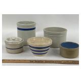Stoneware Crocks, Bowls, Lidded Jar, Set of 5