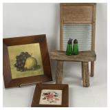 Wood Stool, Washboard, Green Glass Shakers, Art