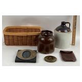Stoneware Jugs, Basket, Lid, Letter O