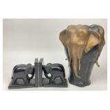elephant design carved stone bookends, vase