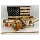 Wood Decor Set with Flag, Pumpkins, Basket
