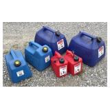 6 fuel containers, 5, 2.5 kerosene 1 gal gas