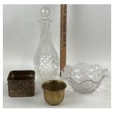 Glass Decanter, Bowl, Brass Containers Set