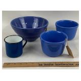 Blue Mixing Bowl, Enamel Mug, 2 Small Bowls