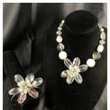 Silver Tone Large Flower Necklaces & Bracelet Set