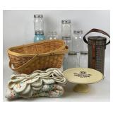 Woven Basket, Ball Jars, Cake Stand, Crochet Throw