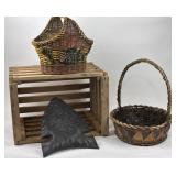 2 Vintage Unique Decorative Baskets, Wood Crate,