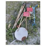 Tools: shovels, rakes, camp forks, table
