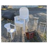 Plastic chairs, plant stands, birdhouse