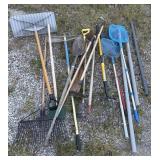 Yard tools: Shovels, rakes, pitchforks, nets