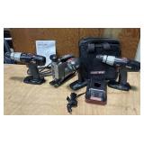 Craftsman saw, 2 drills, flashlight, bag, charger