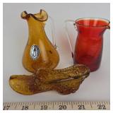 Blown Crackle Glass Vases & Amber Shoe