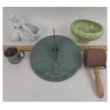 Pewter Mug, Sundial, Cookie Roller, Pottery Dish