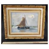 Framed Oil Painting of Sailboat on Water