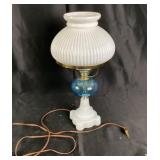 Milk Glass Electric Table Lamp with Blue Globe