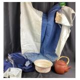 Bakerite Bowl, Clay Teapot, Fabric Scraps