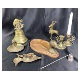 Brass Candlesticks, Bell, Reindeer, Wood Tray Set