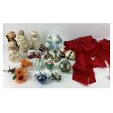 Holiday Figurines, Ornaments, Velvet Bows