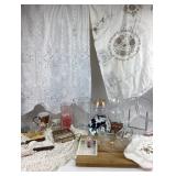 Glass divided dishes, vases, tablecloths, IU mug