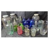 Cobalt, Clear, Green, Amber Glass Bottles And Jars