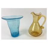 Blue, amber crackle glass pitcher, cup