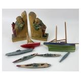 Old Couple Bookends and Wooden Model Boats