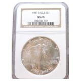 1987 silver Eagle NGC MS69