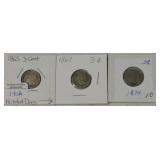 1865, 1867, and 1874 three cent nickels
