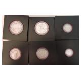 Lot of 6 silver coins, 2 halves, 2 quarters,