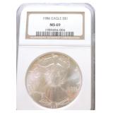 1986 silver Eagle NGC MS69
