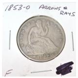 1853-O seated Liberty half F, arrows & rays