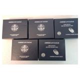 Lot of 5 silver Eagle proofs: 3 - 2008, 2 - 2013