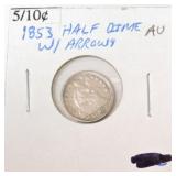 1853 seated Liberty half dime AU