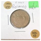 1864 Two cent, LM, rotated reverse, MS63