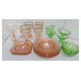 Lot of assorted pink and green depression glass